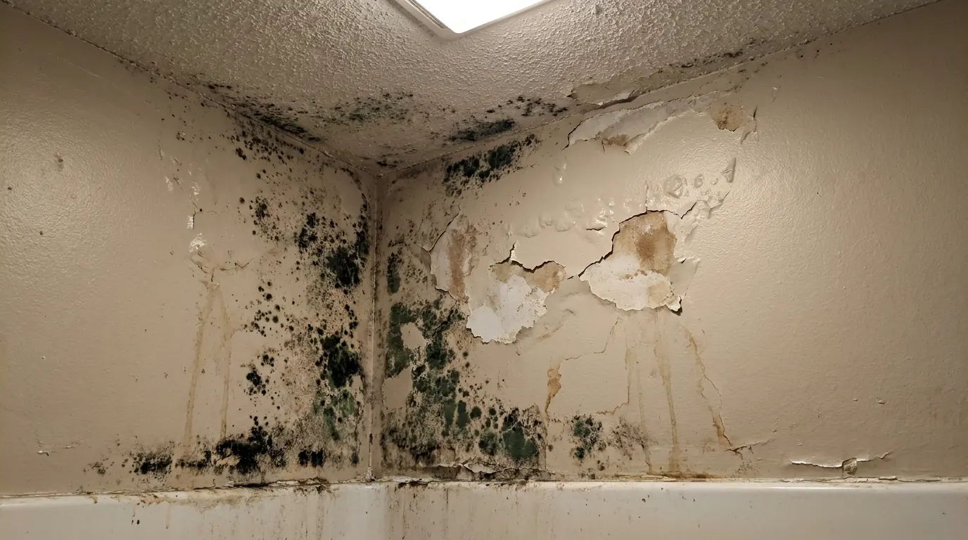 Bathroom wall with spreading mold before remediation